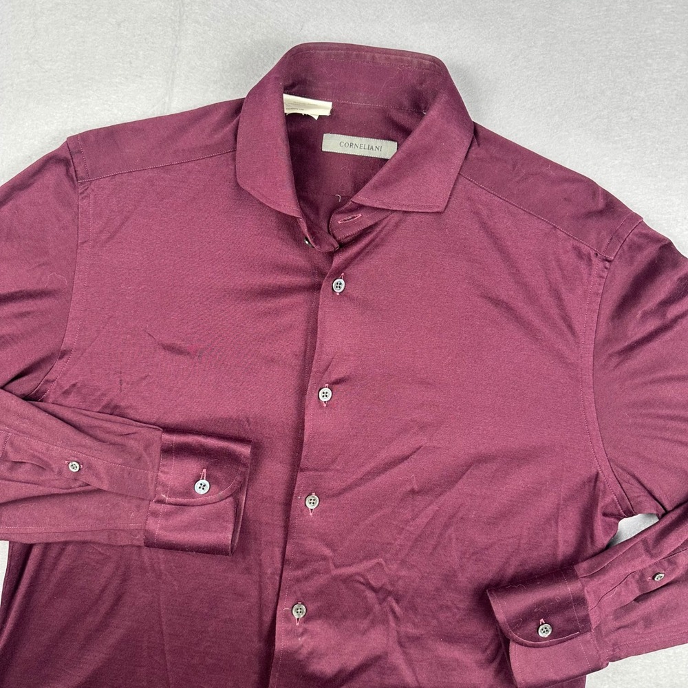 Corneliani Mens Burgundy Cotton Jersey Long Sleeve Button Down Shirt 15.5 39